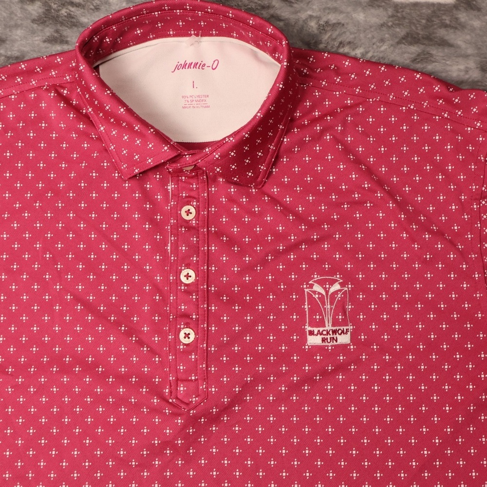 Johnnie-O Mens Large Pink Blackwolf Run Geometric Performance Golf Polo Shirt
